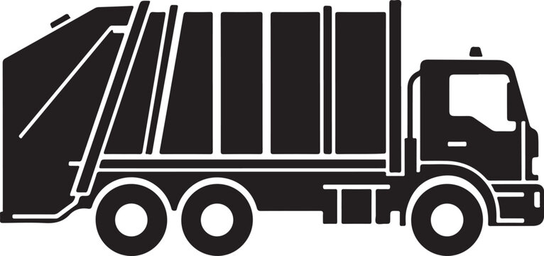 Black garbage truck, waste management vehicle, sanitation truck, dumpster truck icon