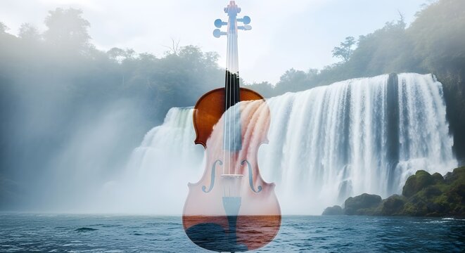 Double exposure of a violin superimposed over a powerful waterfall and ocean