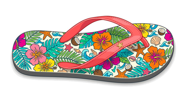 Colorful floral patterned flip flop with tropical flowers and leaves on a white background, summer vacation footwear, close-up