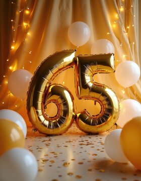 Golden number 65 balloons float for a birthday party with confetti and string lights. White and gold balloons surround the large foil numbers. Festive indoor celebration.