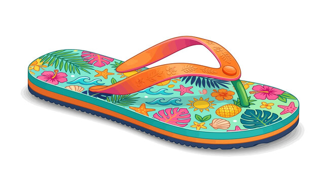 Colorful tropical floral patterned flip flop with orange straps on white background, photorealistic product photography for summer footwear advertising and e-commerce