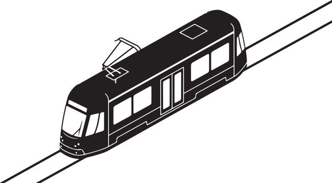 Black tram, urban train, city transportation, vector illustration, monochrome design