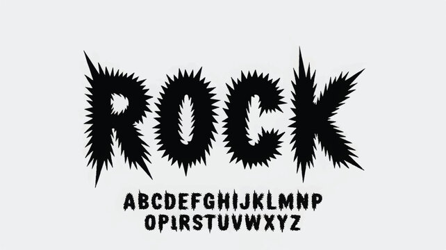 Bold black text spelling rock with a jagged, spiky, and aggressive font style, accompanied by the full alphabet in the same sharp, distressed typeface on a light gray background, for music themes