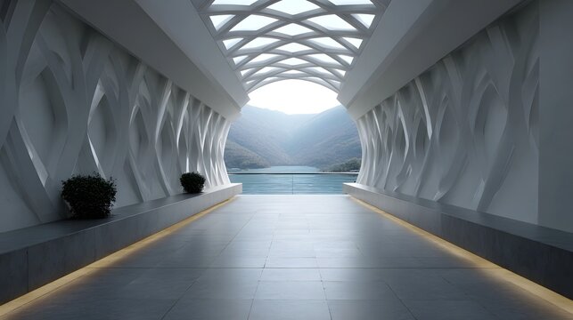 A modern futuristic architectural passage opening dramatically onto a vast misty mountainous lake vista