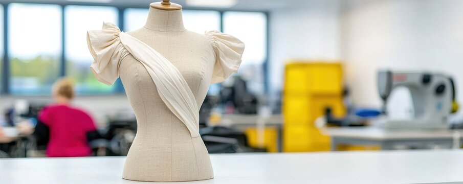 workshops instruction technical concept. Dress form with fabric draped in a bright, modern sewing studio.