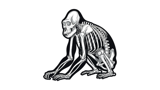 A monkey skeleton illustration crouches on all fours in a natural setting.