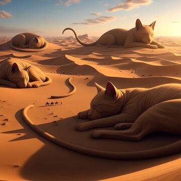 Giant Sphinx Cats Sleeping in Desert Dunes at Sunset