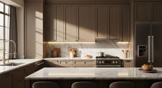 Modern kitchen with beige cabinets, marble backsplash, sunlight, and stainless steel