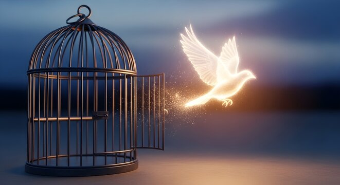 Bird of light escapes from an open cage at dusk, symbolizing freedom and hope.