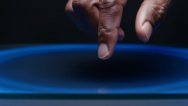 Futuristic biometric finger scan on glowing blue interface, digital security fingerprint recognition, high tech touch screen sensor for data access