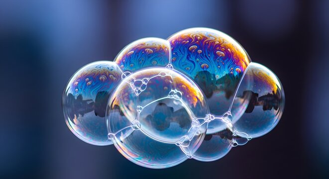 Close-up of iridescent soap bubbles clustered together against a blurred blue background