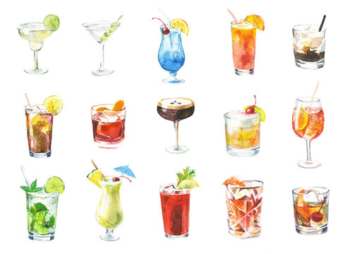 Watercolor Alcohol Cocktails Set, Hand-Drawn Drinks Collection with Margarita, Martini, Mojito, Bloody Mary and Aperol Spritz, Isolated Clipart for Bar Menu Design