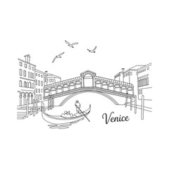 Line art illustration depicts a venetian canal scene with gondola and bridge © ABDULLA