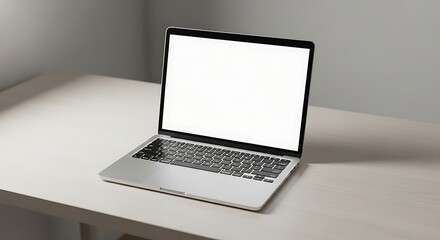 Fototapeta premium Modern laptop with a blank white screen on a light-colored desk