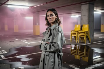 Obraz premium Woman in trench coat standing in foggy parking garage with reflective puddles