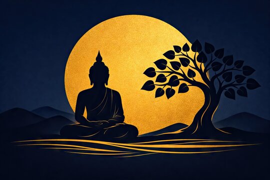 Silhouette of Buddha meditating under a Bodhi tree against a large glowing golden moon and dark blue night landscape