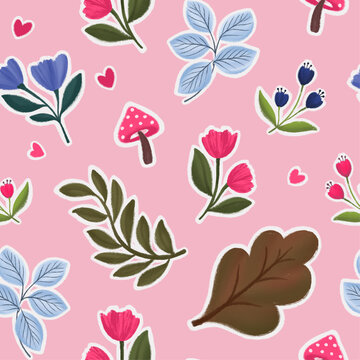 Mushroom florals in a crayon hand drawn and hand painted style on creamy pink base for fabric textiles, kids clothing