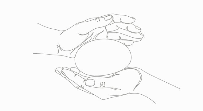 Human hands cradling an egg-shaped object, continuous line art