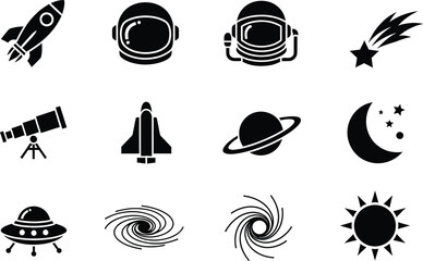 A set of black and white space exploration icons including rockets planets and astronauts. © Shahedul