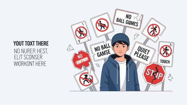 Teenager surrounded by prohibition signs