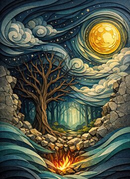 Surreal night landscape with glowing moon, swirling clouds, stars, tree, rocks, and firelight