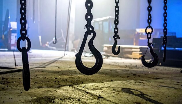 Heavy Duty Industrial Crane Hooks and Chains Suspended in a Dusty Warehouse.