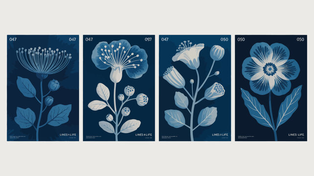 A series of cyanotype floral prints showcasing diverse botanical specimens in a deep blue vintage inspired aesthetic high quality professional detailed modern elegant stylish clean crisp