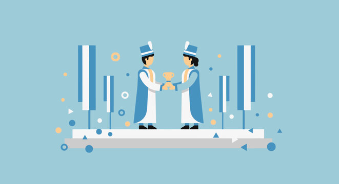 Scientists in lab coats exchange data on a futuristic platform on a busy day like Kamehameha wave