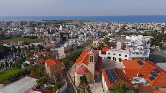 Aerial Drone Approach and Tilt Down Over Holy Bishopric of Pafos Complex Cyprus