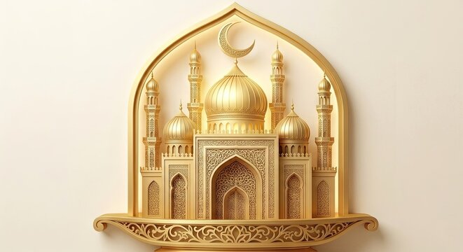 Golden miniature model of a mosque with domes and minarets framed within an arch featuring a crescent moon