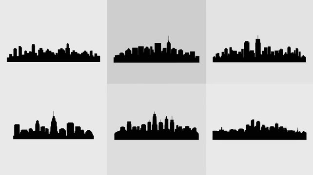 A grid of six black silhouettes depicts various city skylines against a light gray background showcasing urban landscapes high quality professional detailed modern elegant stylish clean