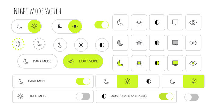 Y2k night mode switch and light mode ui interface elements set with icons and buttons