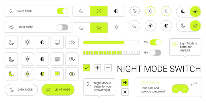 Y2k night mode switch ui set with light mode toggle interface elements and icons