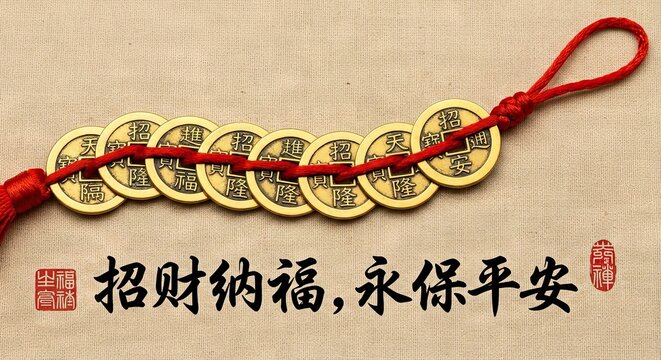 Traditional Chinese lucky charm featuring a string of golden coins tied with a red decorative cord and tassel on a textured parchment background