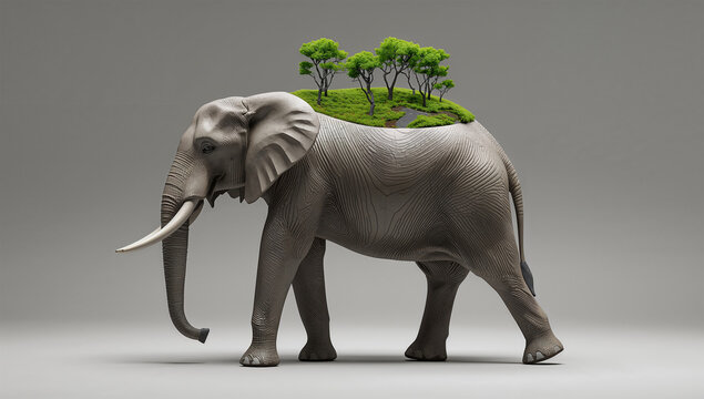 苔と石でできたゾウ彫刻が自然共生を示す3Dアートビジュアル