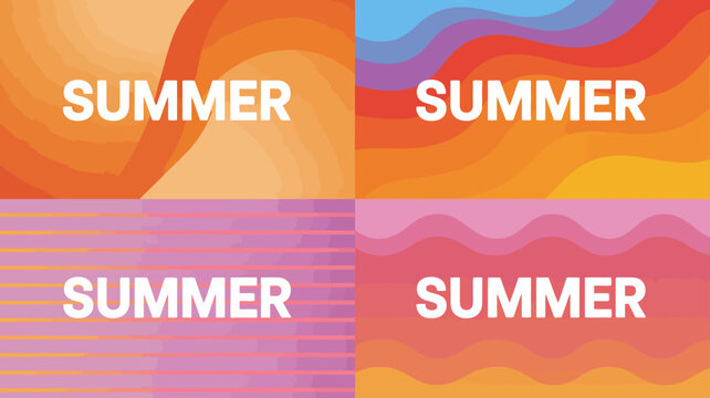 A vibrant colorful graphic design featuring the word summer repeated across four quadrants with wave like and striped backgrounds high quality professional detailed modern elegant stylish