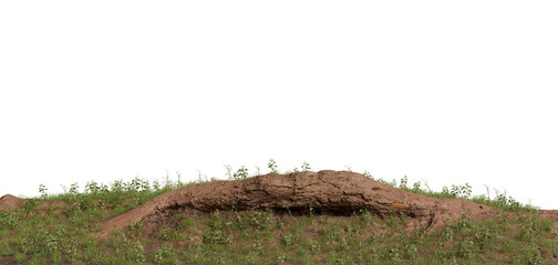 A panoramic image of a natural, outdoor scene featuring a large mound with a cave or overhang surrounded by green shrubs and sparse vegetation on transparent background © omkuhh