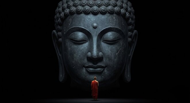 Meditative scene of a stone Buddha statue with a small red figure standing in front against a dark background

