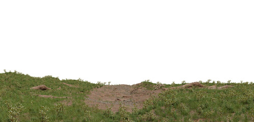 Fototapeta premium A patchy grassy area with a large dirt patch in the middle on transparent background