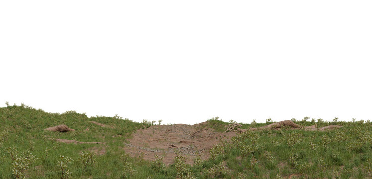A patchy grassy area with a large dirt patch in the middle on transparent background