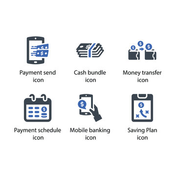 Set of six modern flat icons for mobile banking payment money transfer cash bundle and saving plan business