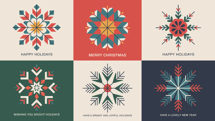 A collection of six geometrically patterned snowflake designs in varying color palettes with festive greetings high quality professional detailed modern elegant stylish clean crisp vibrant colorful © Iconhub