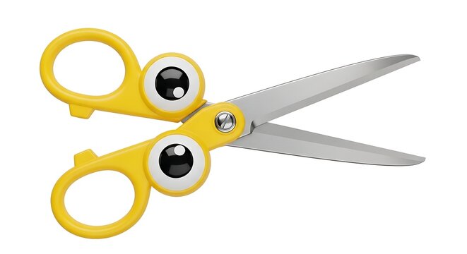 Funny yellow scissors with cartoon eyes isolated on white background