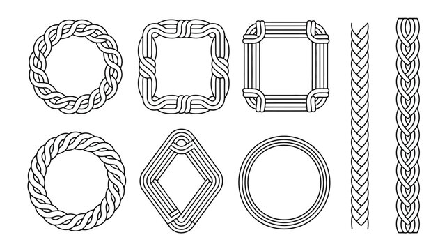 A collection of black and white line art illustrations depicting various woven and braided shapes including circles squares and diamonds high quality professional detailed modern elegant