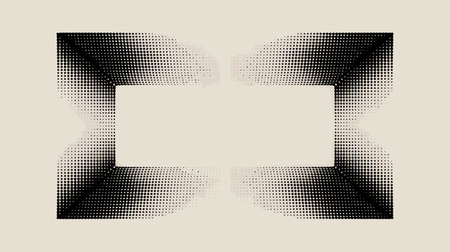 An abstract composition features a rectangular white space framed by a dense fading halftone dot pattern in black high quality professional detailed modern elegant stylish clean