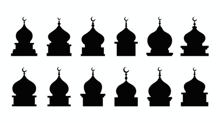 A collection of twelve black silhouettes showcases various islamic mosque dome and minaret designs arranged in a grid pattern high quality professional detailed modern elegant stylish © Iconhub