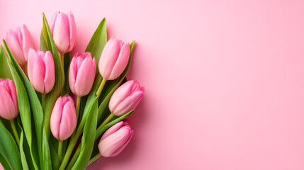 Obraz premium Pink tulips bouquet flat lay on pastel pink background with copy space