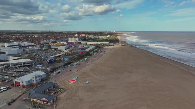 Aerial photo Skegness Seafront Lincolnshire UK .Skegness is a seaside town and civil parish in the East Lindsey District of Lincolnshire, England. On the Lincolnshire coast of the North Sea.