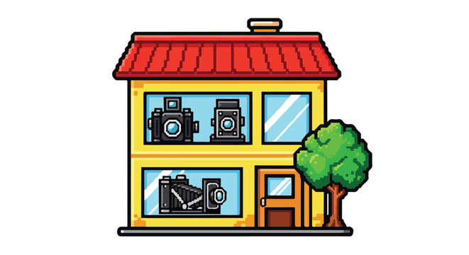 A pixel art vector illustration of a two-story yellow camera shop featuring vintage cameras behind glass windows and a green tree.