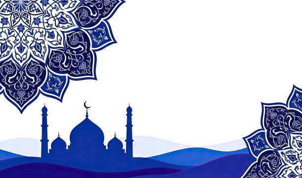 Minimalist blue and white Islamic design showing a mosque silhouette against wavy dunes with large decorative floral mandalas in the corners